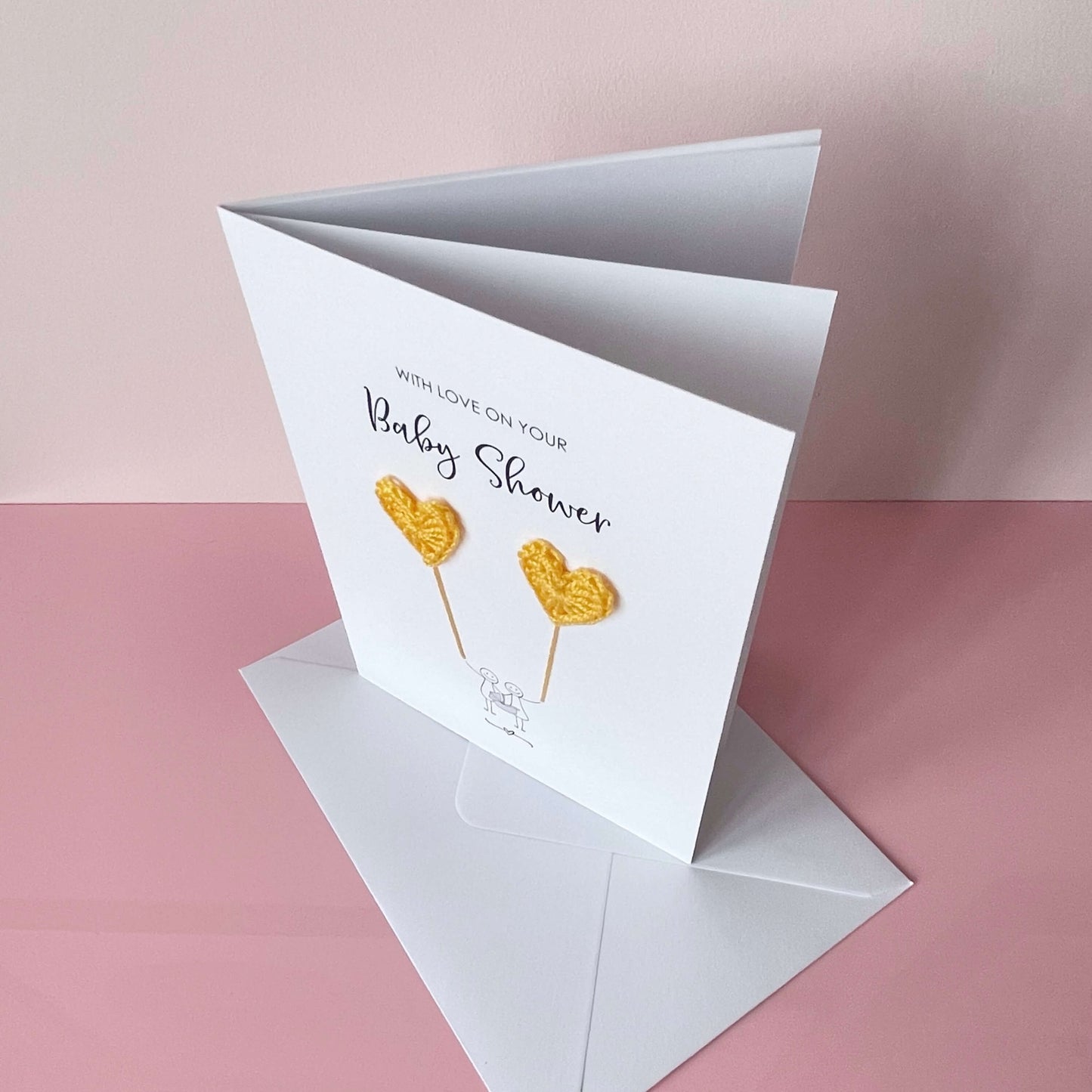 Baby Shower card with crochet hearts