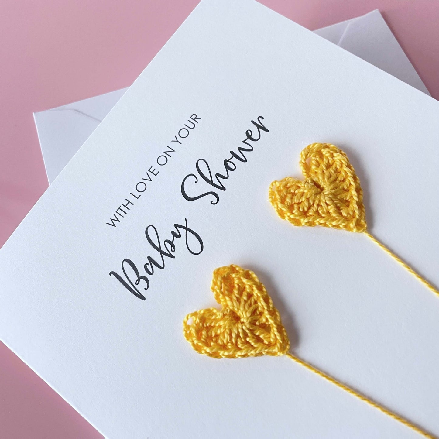 Baby Shower card with crochet hearts