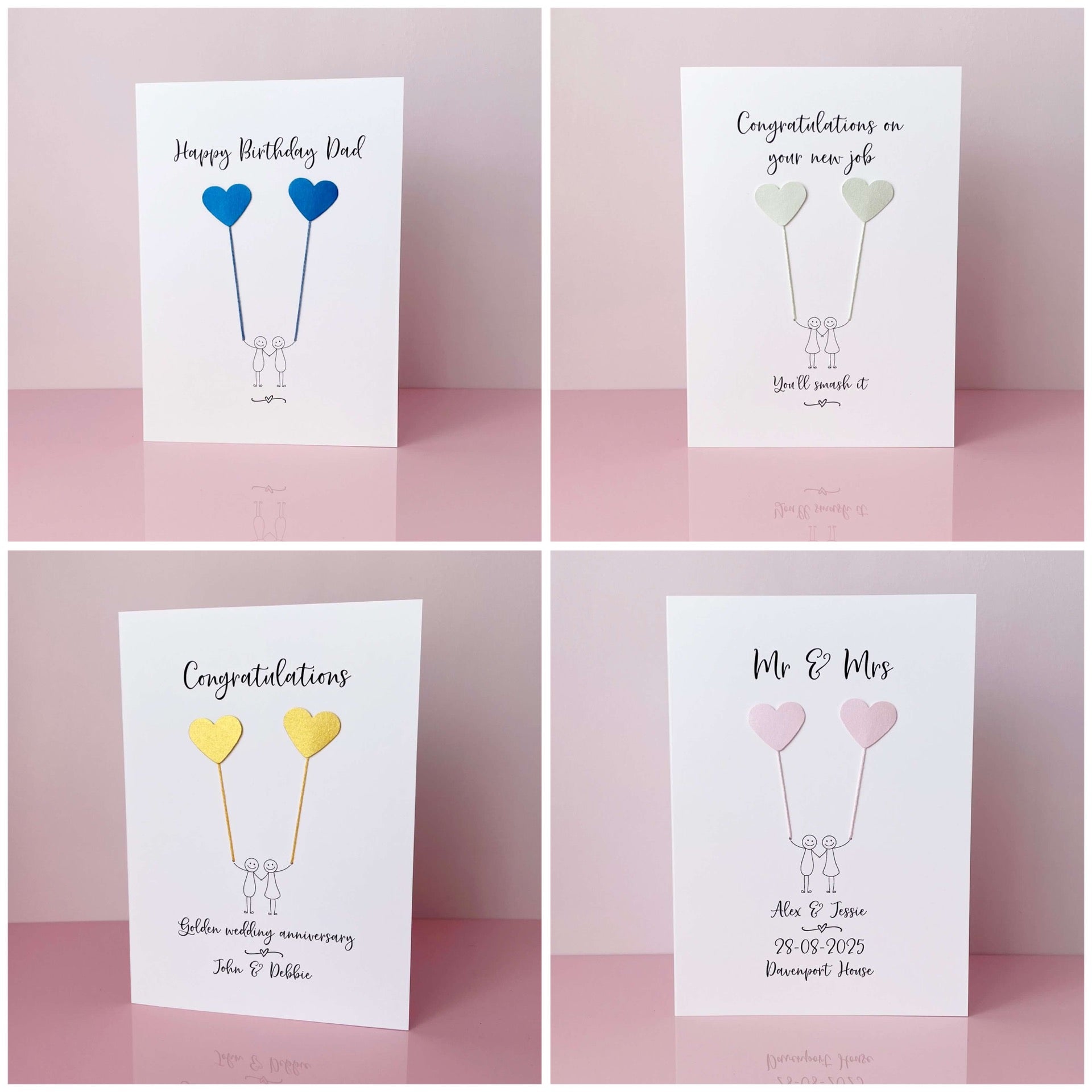 Four greeting cards with heart-shaped balloons on a pink background