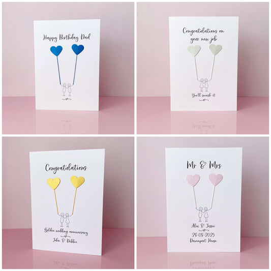 Four greeting cards with heart-shaped balloons on a pink background