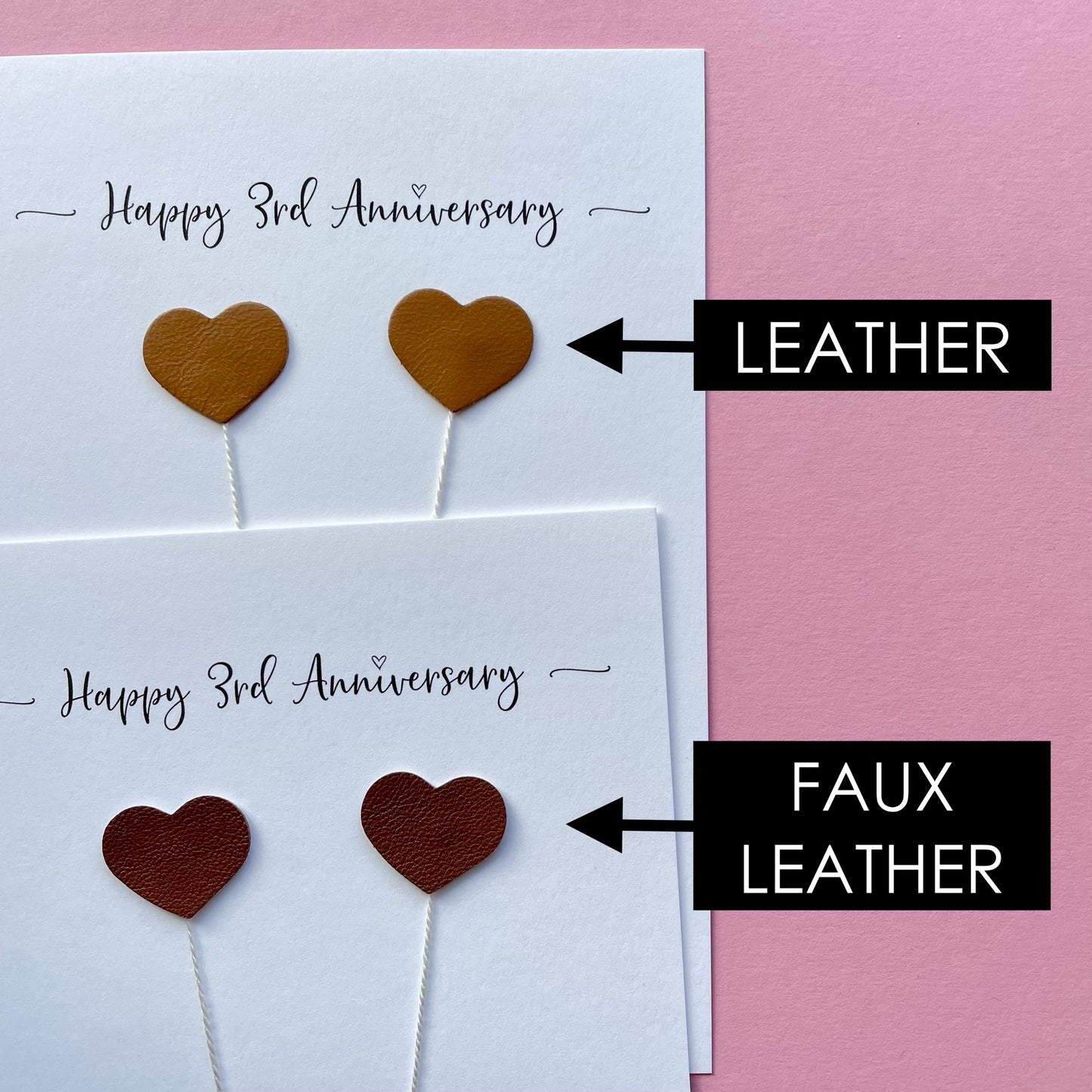 A photo showing the difference between the leather and faux leather hearts, the faux leather hearts look realistic and they are a darker shade of brown than the genuine leather. 