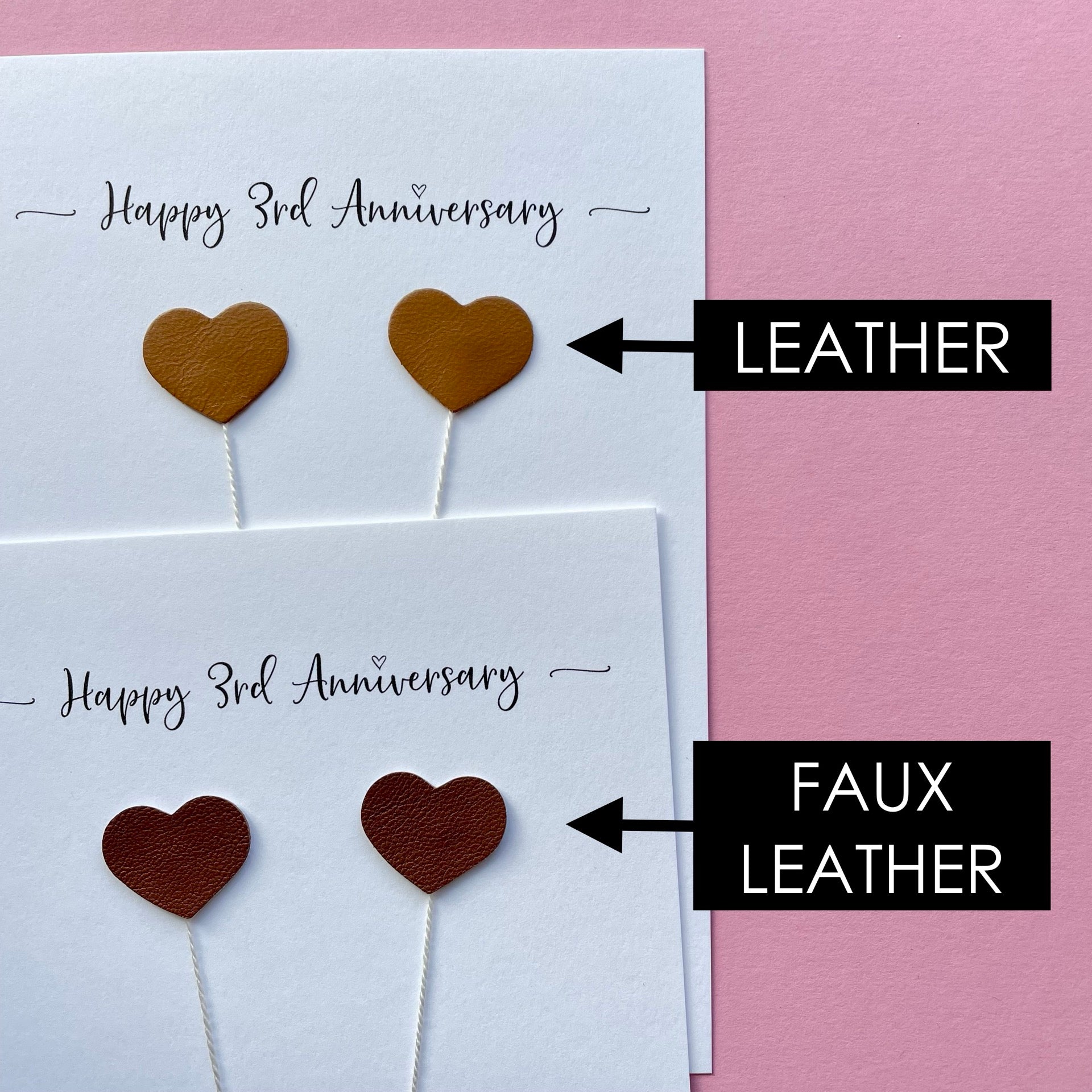 A photo showing the difference between the leather and faux leather hearts, the faux leather hearts look realistic and they are a darker shade of brown than the genuine leather. 