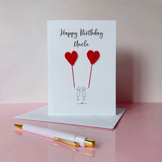 Greeting card with red crochet heart balloons and 'Happy Birthday Uncle' text. 